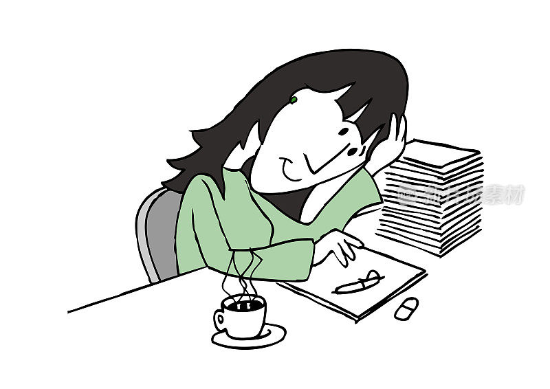 可爱的长黑色头发微笑的女性角色坐在她的办公桌上，一叠文件，喝咖啡和学习，工作与她的头休息在她的手。卡通风格的矢量插图。