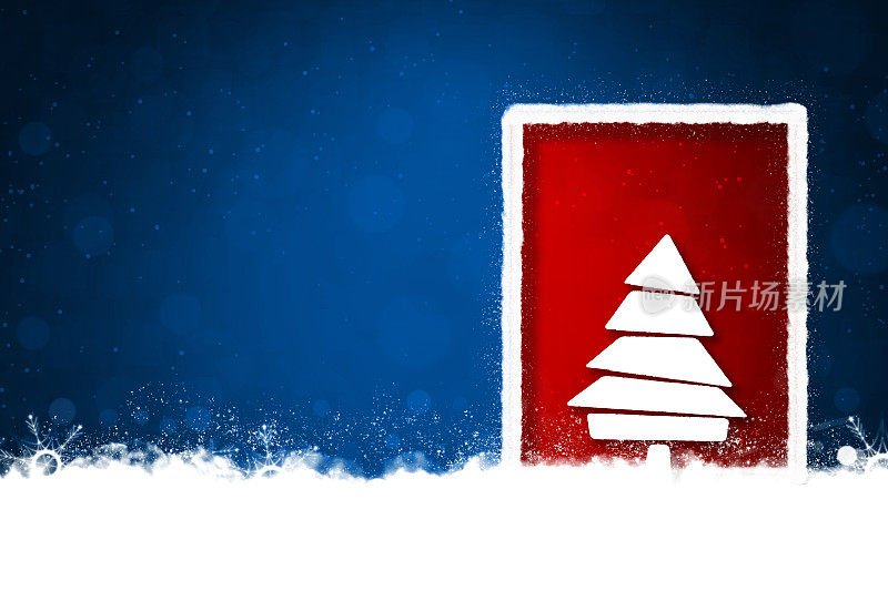 创意深午夜海军蓝彩色圣诞背景与一个大的镶边框架白色抽象模块化3D圣诞树在红色背景与雪花和雪遍布地面，边界或框架像门或门