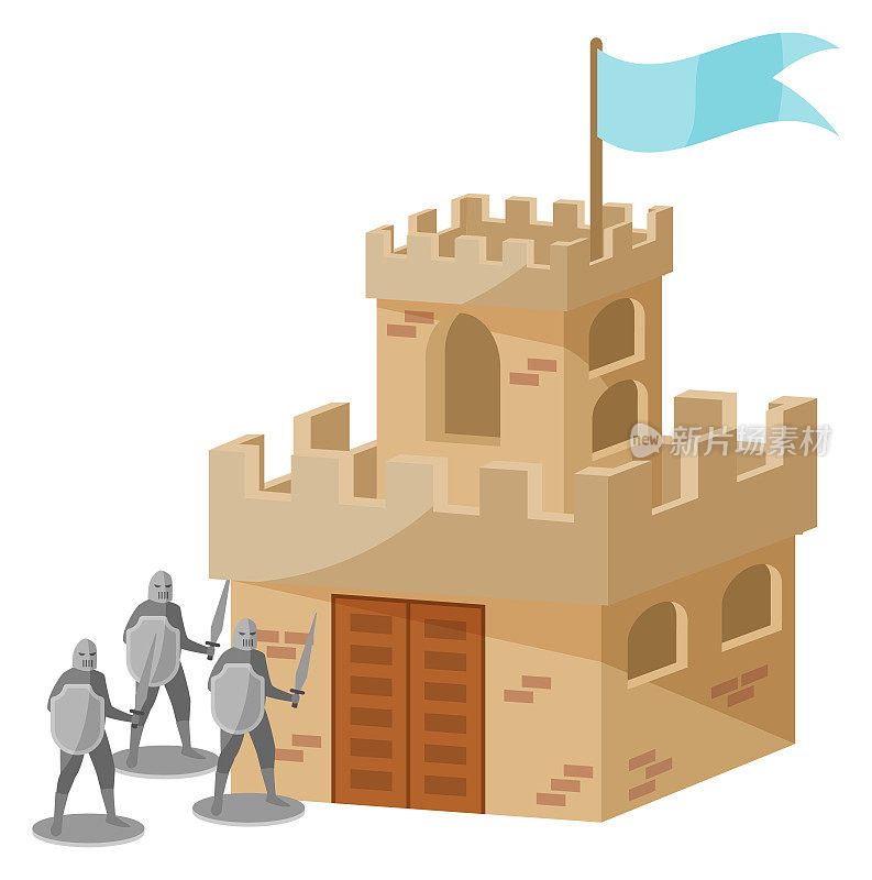 中世纪城堡和骑士。儿童游戏玩具卡通图标