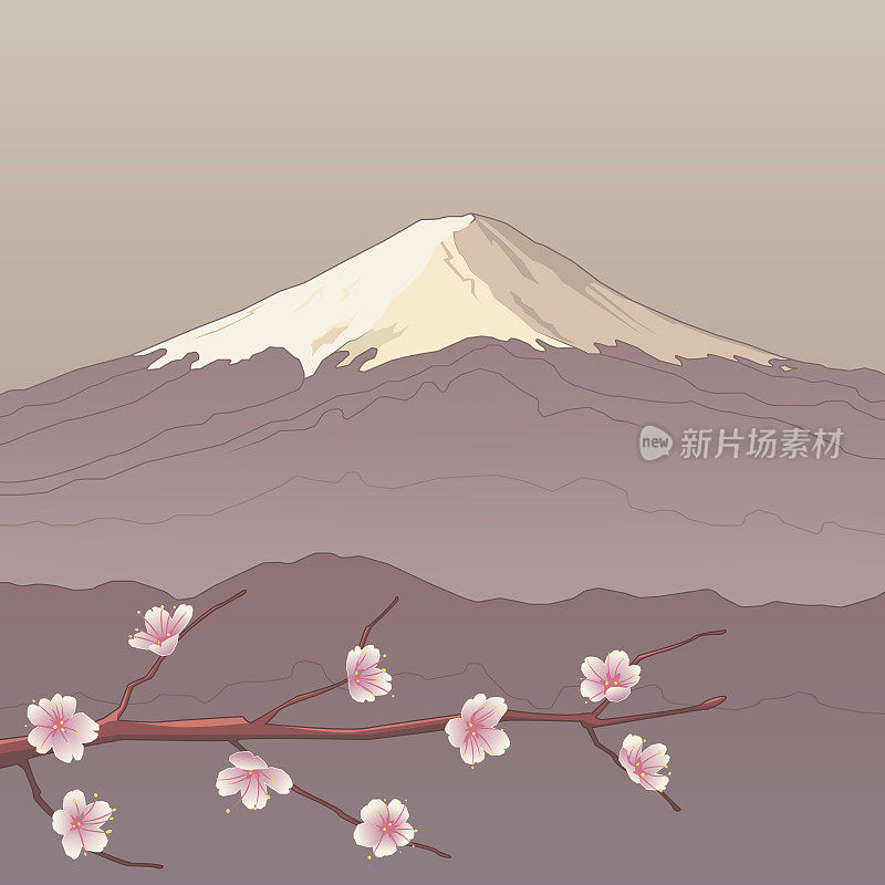 日本山地景观，自然野性。富士山是日本的象征。樱花枝头，山峦连绵。粉彩色调，轮廓，艺术绘图，全景，矢量插图。