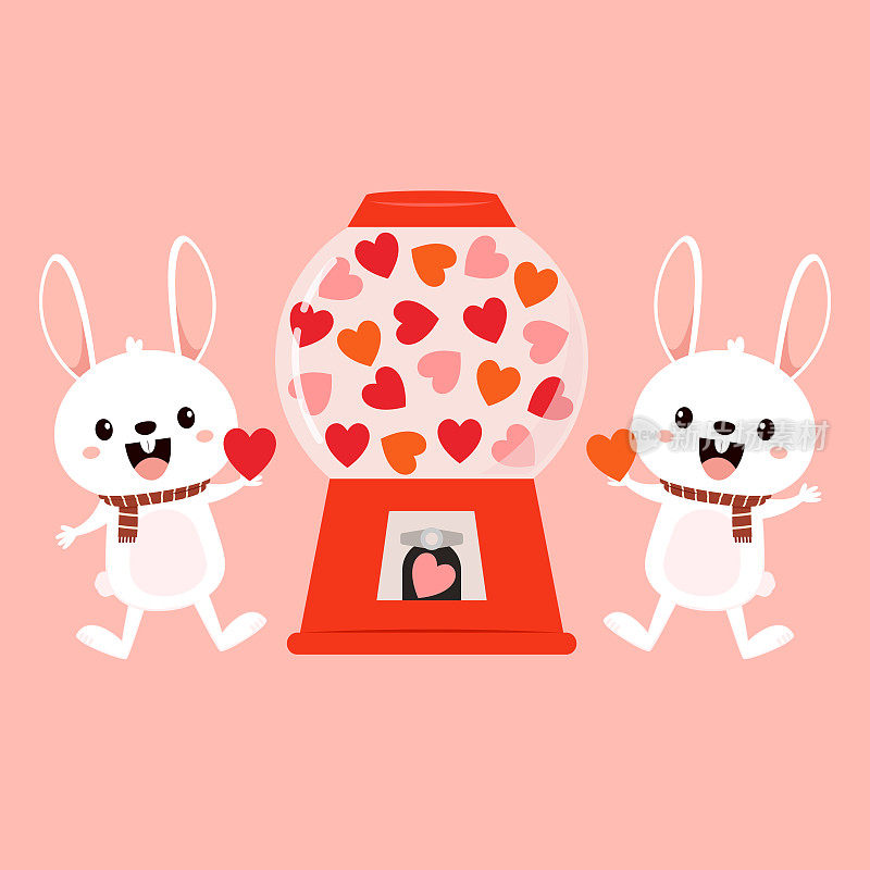 心脏在自动售货机充满红色、蓝色和白色泡泡糖心形在粉红色的背景。透明玻璃插图。情人节。兔子卡通。