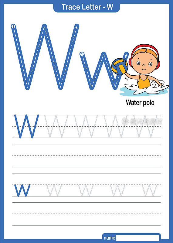 字母痕迹字母A到Z学龄前工作表与字母W水球亲矢量