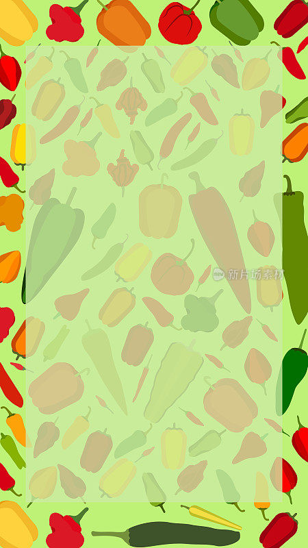 垂直横幅与不同类型的辣椒。甜，微辣，中辣，超级辣的辣椒。蔬菜。平的风格。矢量插图隔离在绿色背景上。模板。