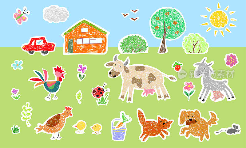 孩子画画。农场动物和鸟类。