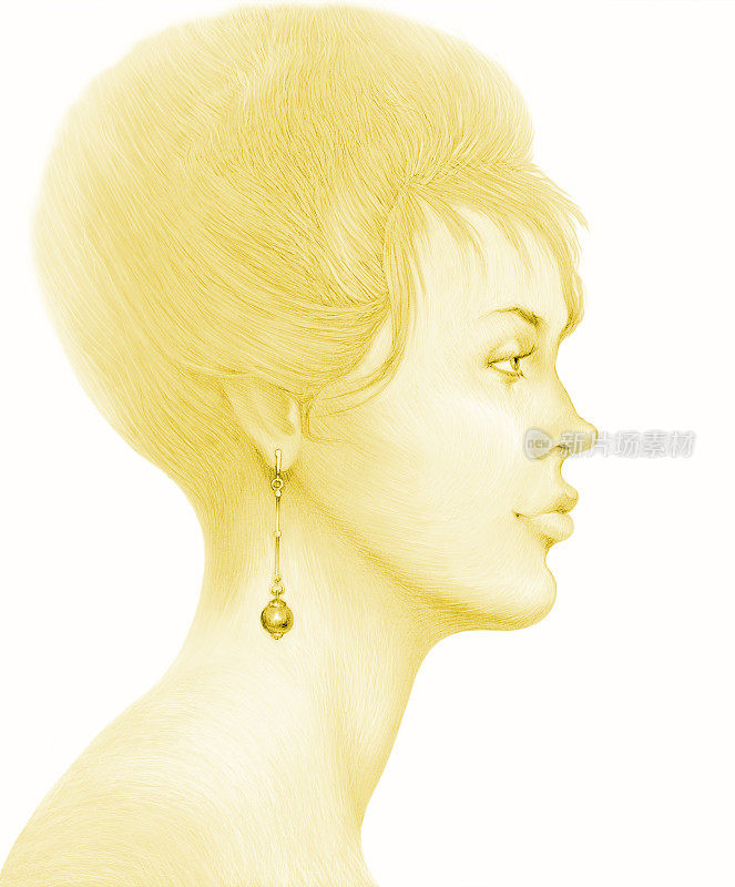 插图铅笔绘制肖像侧面的一个年轻女子长发光滑的发型珍珠耳环在深褐色