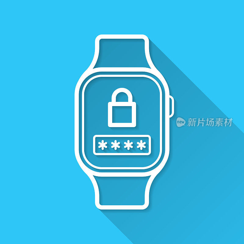 带密码的智能手表。图标在蓝色背景-平面设计与长阴影