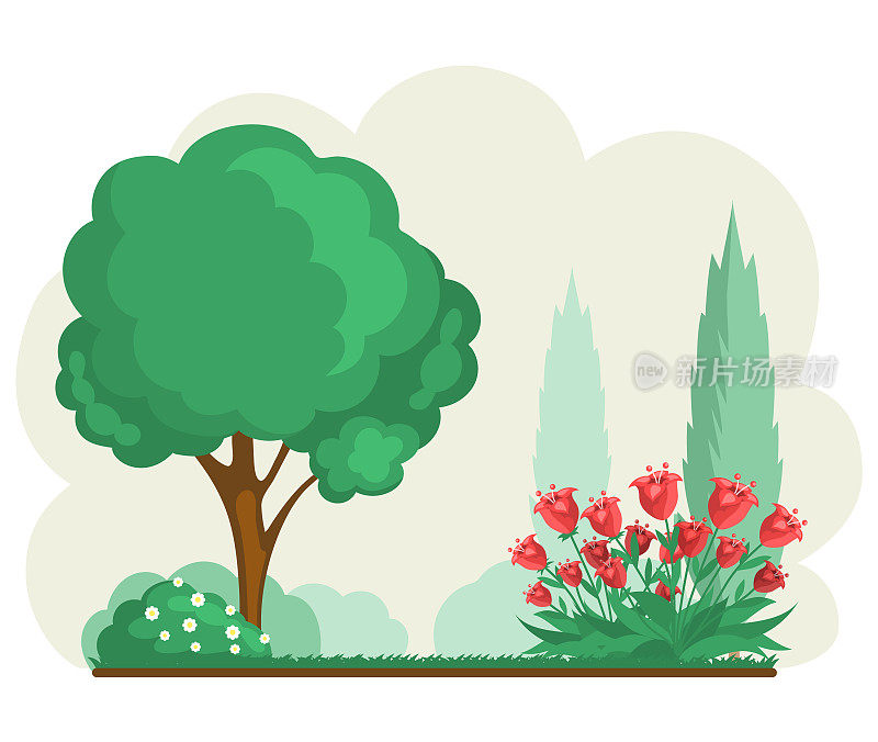 园林绿化，园艺，与植物的概念。有灌木和树木的花园景观