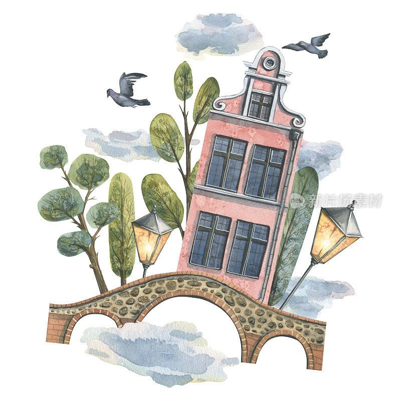 粉红色的欧式房子，有石桥、树木、鸽子和灯笼。水彩插图。来自欧洲住宅系列的构图。用于旅游设计和宣传册、门票、纪念品
