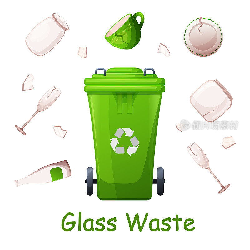 可回收废物，玻璃废物，破碎的玻璃器皿和玻璃碎片与垃圾箱。环境保护，可持续发展，绿色生活，生态生活载体