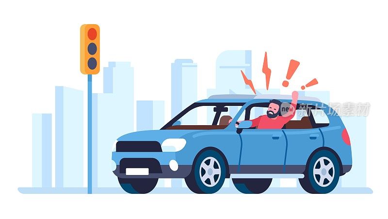 愤怒的司机在马路上闯红灯。男人开车。城市汽车交通。交通信号灯。在车里怒吼的男人。公路安全。向量的概念