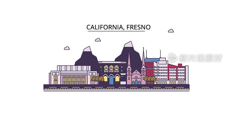 美国弗雷斯诺旅游地标，矢量城市旅游插画