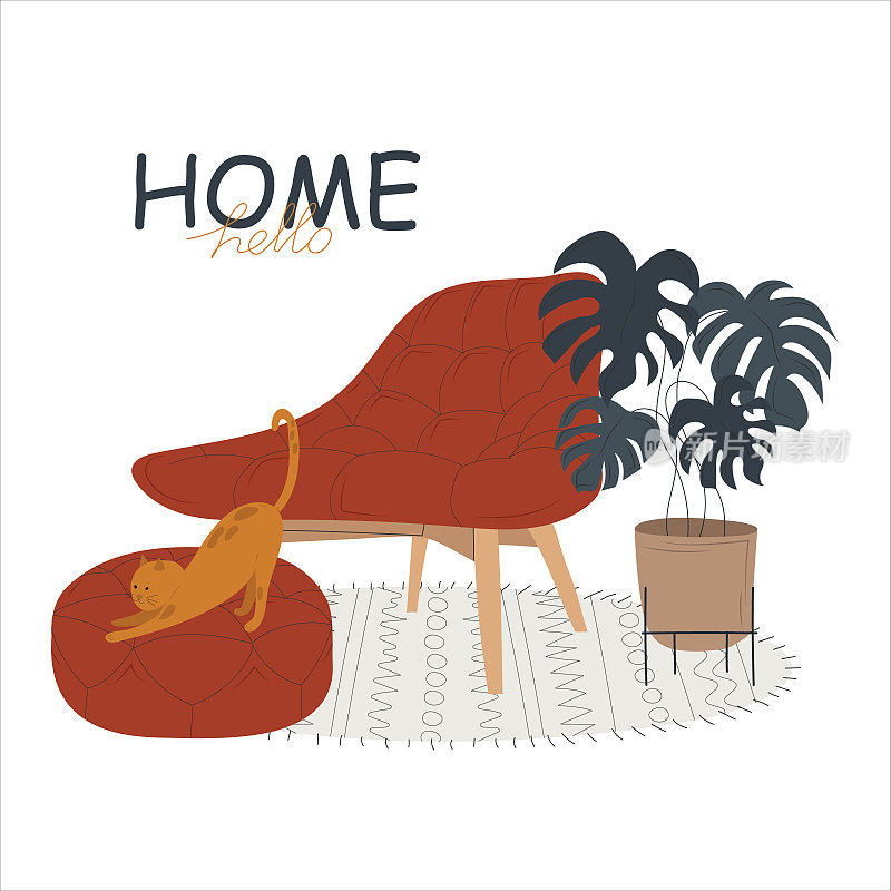 可爱的红色扶手椅和土耳其脚凳，室内植物和猫。Luttering。带有室内元素的明信片。平面插图，手绘风格。矢量股票插图孤立的白色背景
