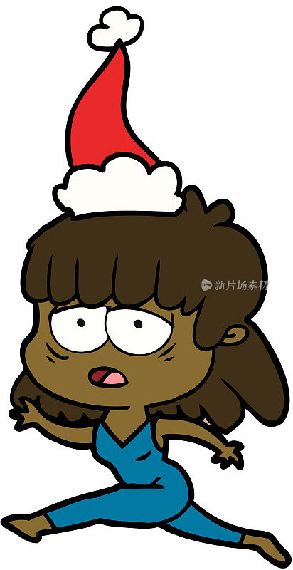 手绘线画疲倦的女人戴着圣诞老人的帽子