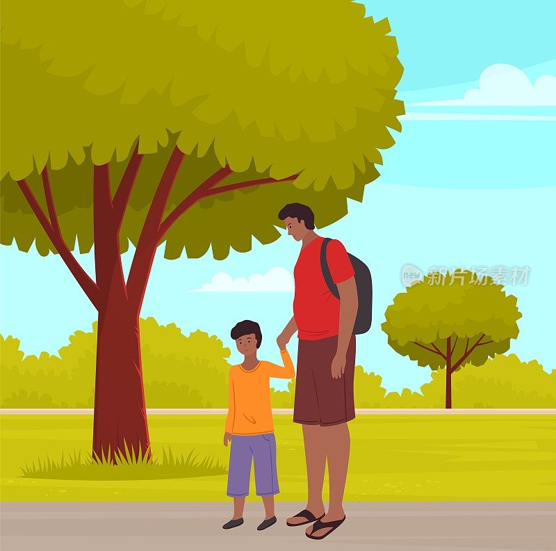 一家人一起在公园散步。父子休闲活动。父母和孩子，户外活动