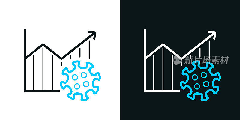 冠状病毒细胞生长图。黑色或白色背景上的双色线条图标-可编辑笔触