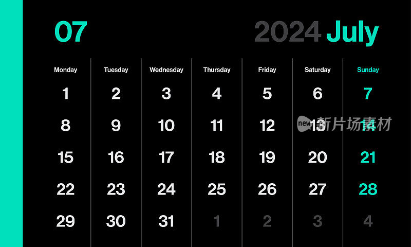 2024年7月-月历。黑暗极简主义风格的景观水平日历2024年。向量模板。这一周从星期一开始