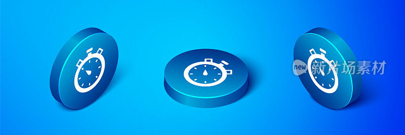 等距秒表图标隔离在蓝色背景。计时器标志。天文钟的迹象。蓝色圆圈按钮。向量