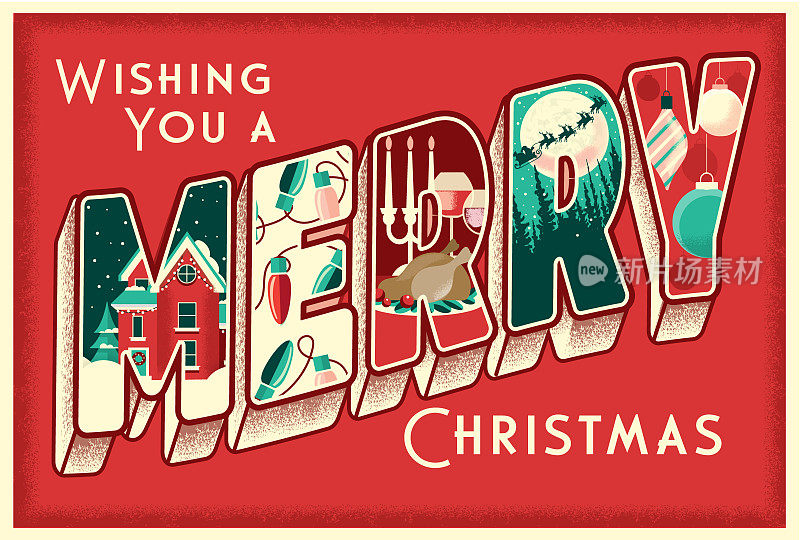 祝你圣诞快乐的问候设计在复古明信片3D字体风格与详细的节日场景在每一封信