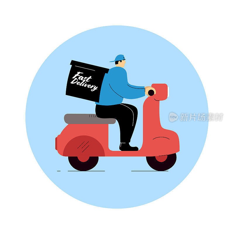 一个矢量插图的摩托车送货员在一个圆圈内。