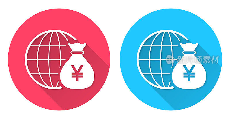 日元遍布全球。圆形图标与长阴影在红色或蓝色的背景