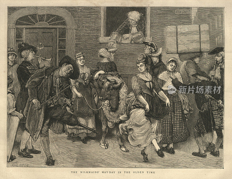 挤奶女工五一游行，18世纪的伦敦，带假腿的小提琴手，妇女跳舞，社会历史