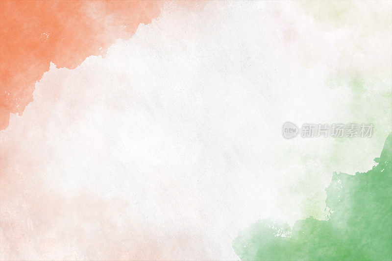 三色空白彩色背景-用藏红花、橙色、白色和绿色水彩颜料在三个角落组成的三种颜色的横条纹相互融合，如印度国旗、爱尔兰、尼日尔和C?te科特迪瓦国旗。