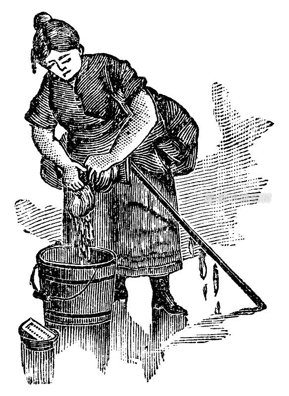 维多利亚时代的妇女用手拧出拖把，19世纪