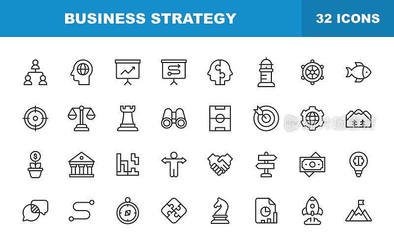 业务策略线图标。可编辑的中风。包含诸如头脑风暴,战略,咨询,沟通,企业发展,愿景,竞争等图标。