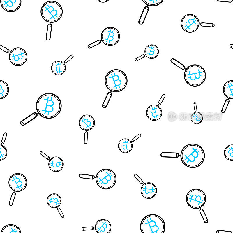 带有比特币标志的放大镜。无缝模式。白色背景上的线条图标