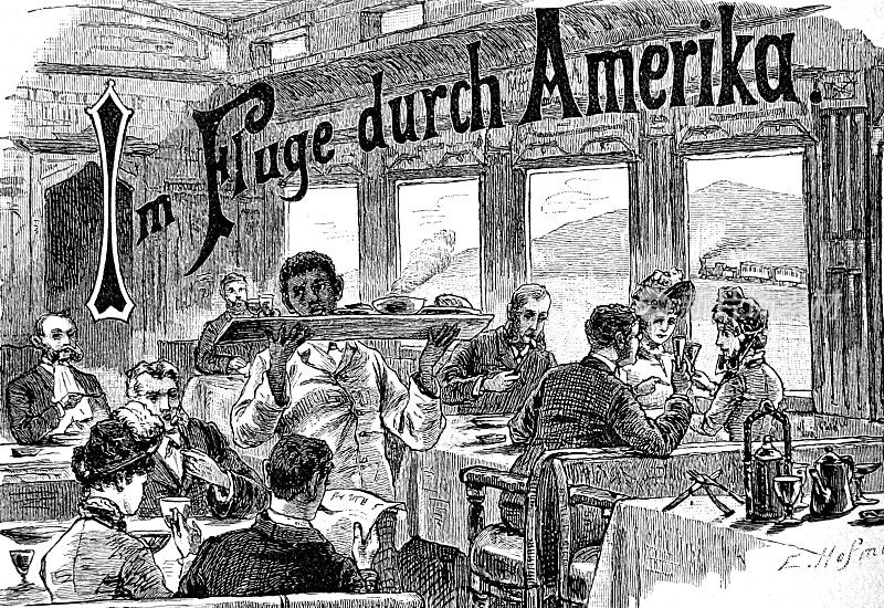 在美国坐火车旅行，在餐车里