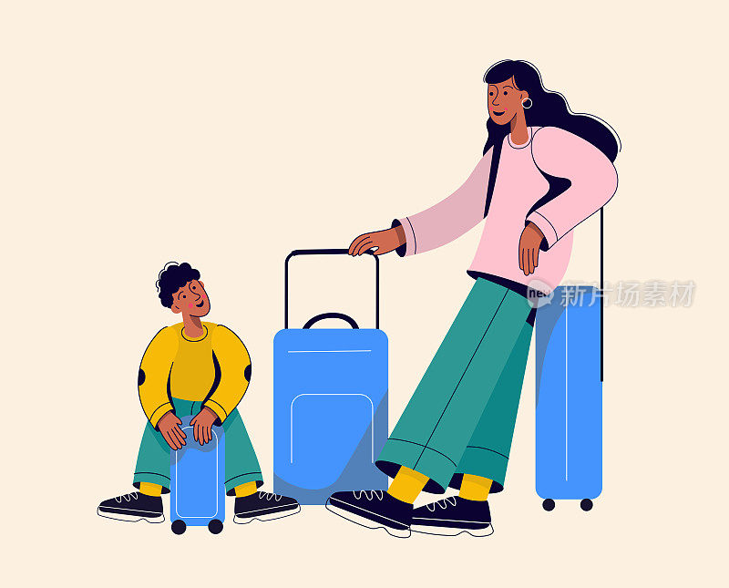 母子俩带着行李箱准备旅行。人们带着行李或行李在机场等待航班起飞，准备去度假或旅行