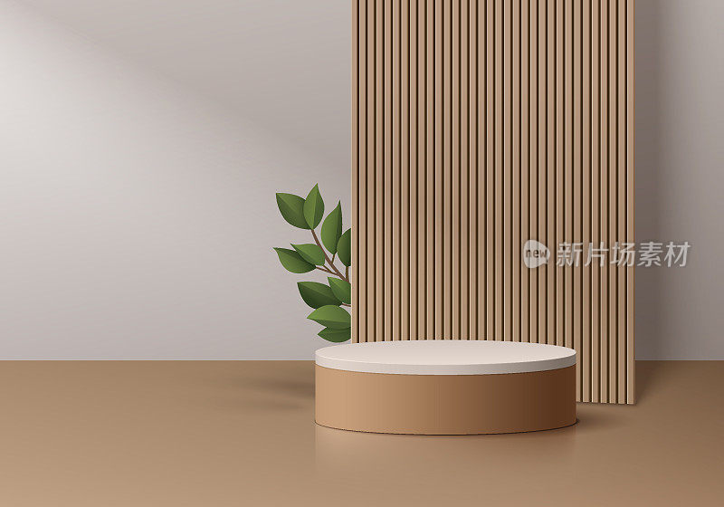 三维现实的白灰色圆柱基座基座背景与垂直的木材和绿叶。墙面最小场景模型产品舞台展示，横幅推广展示。向量抽象空房间。