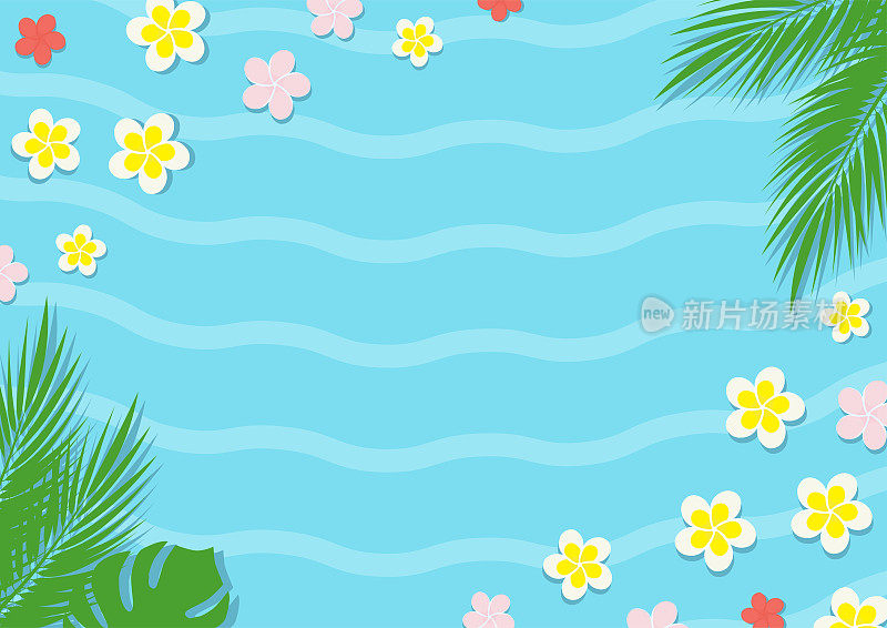 棕榈叶和花在蓝色的水背景。矢量插图。