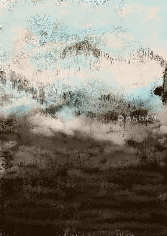 一幅笼罩在云雾中的阴沉的山景图