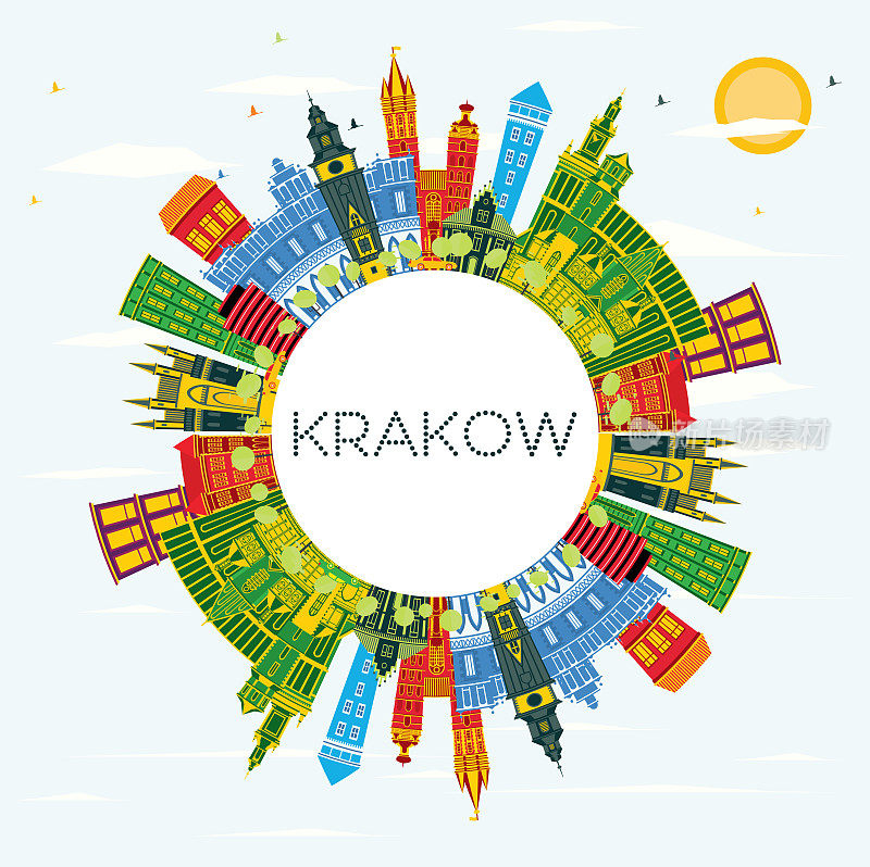波兰克拉科夫城市天际线与彩色建筑，蓝天和复制空间。克拉科夫城市景观与地标。