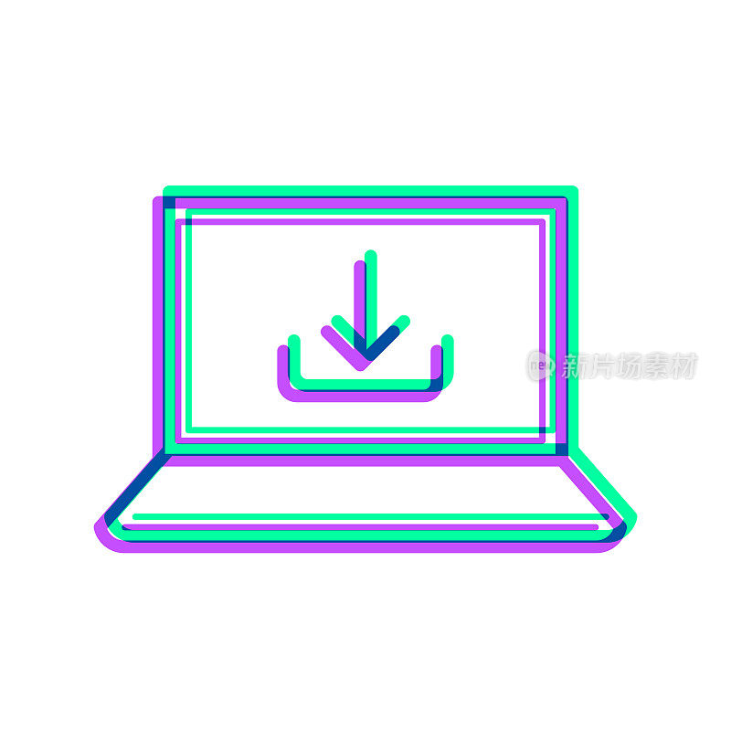 在笔记本电脑上下载。图标与两种颜色叠加在白色背景上