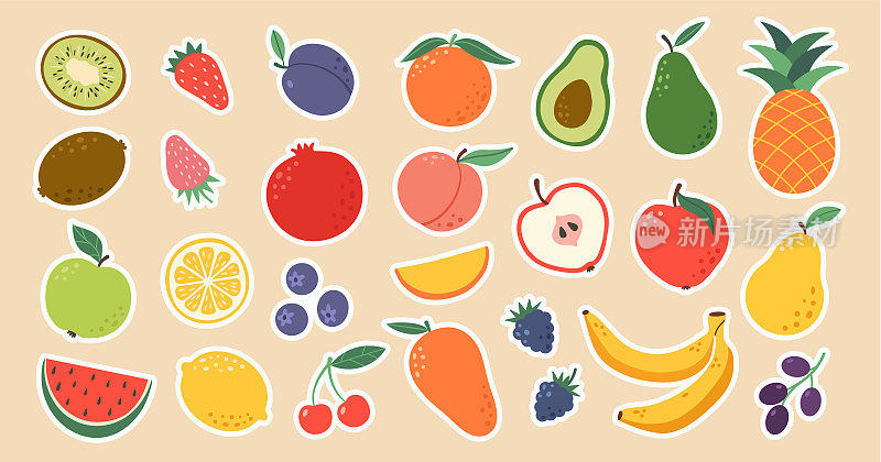 一套手绘彩色水果和浆果贴纸。天然热带水果。苹果、桃子、草莓、香蕉、石榴、菠萝、梨、樱桃。有机，素食食品插图。