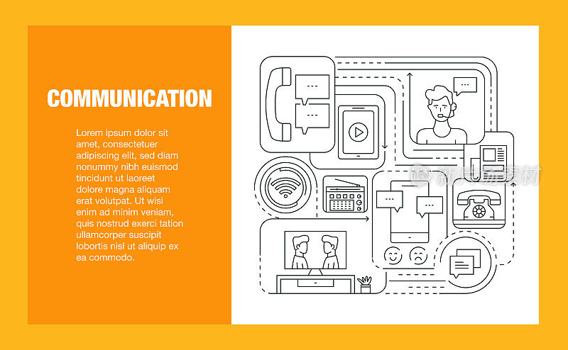 通信线路图标集和横幅设计。电话，传真，聊天，电子邮件，短信