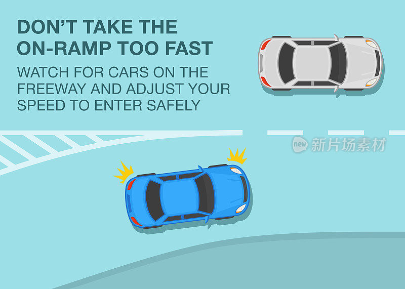 安全驾驶技巧及交通规则。不要在匝道上开得太快，注意高速公路上的车辆并调整速度。蓝色轿车驶入高速公路。