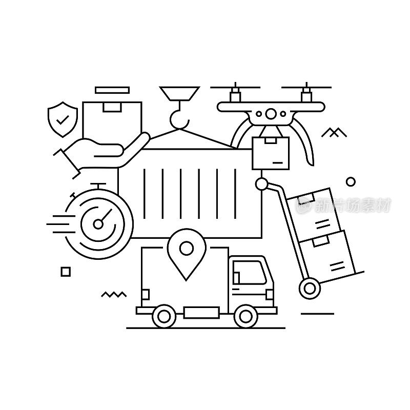 矢量集插图交付和物流概念。线条艺术风格的背景设计，网页，横幅，海报，印刷品等。矢量插图。