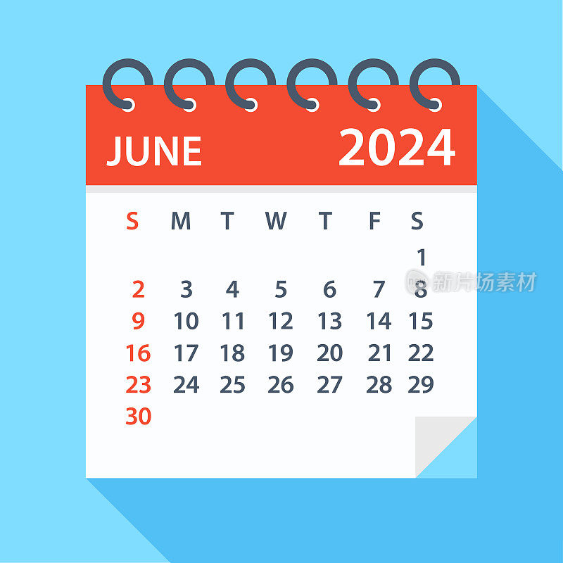 2024年6月-日历。一周从周日开始