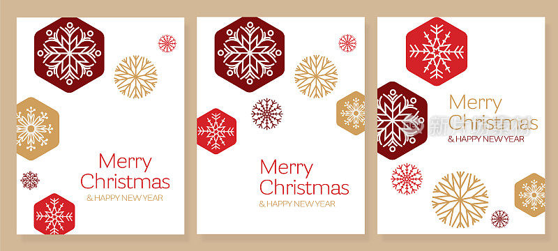 圣诞快乐和新年快乐的问候设计模板与优雅的抽象几何雪花