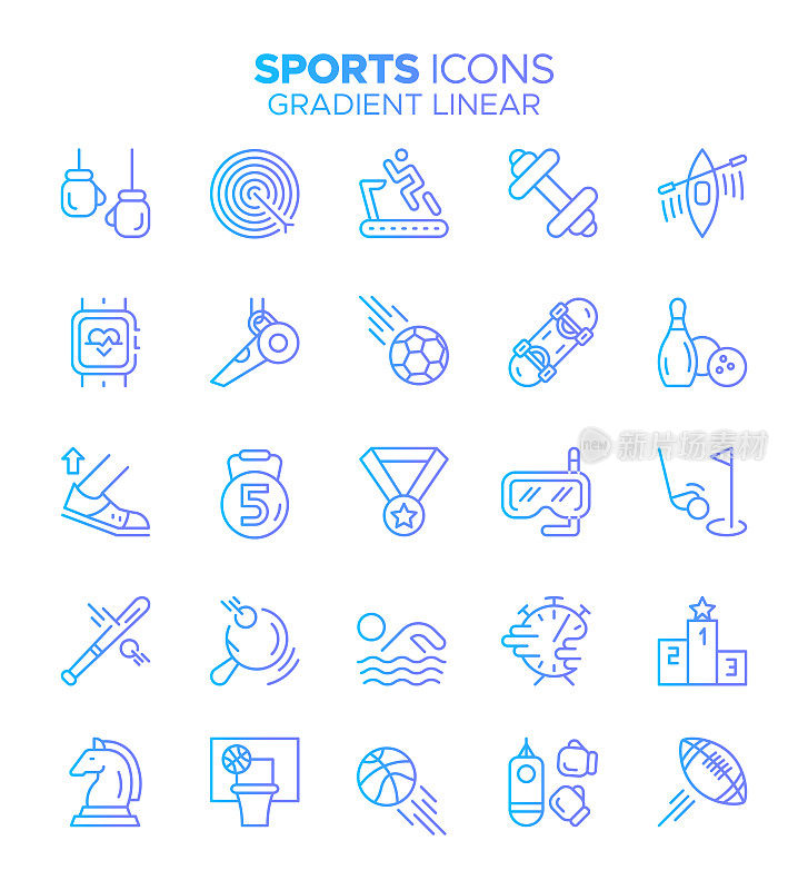 运动-细线矢量色点图标集-像素完美，可编辑的笔划-拳击，高尔夫球，美式足球，网球，足球，职业运动