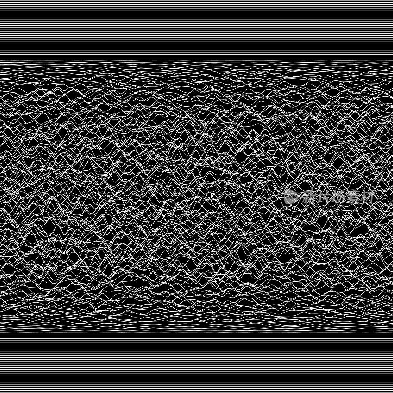 动态的白色线条在黑色背景上创造出波浪图案。
