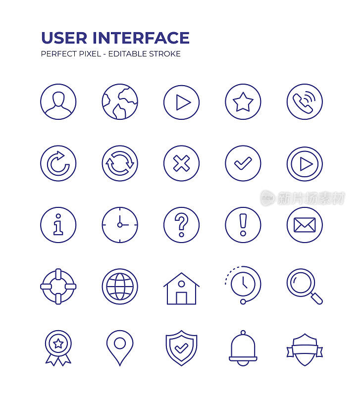 用户界面可编辑行图标集包含主页、头像、刷新、刷新、信息、消息、时钟等图标
