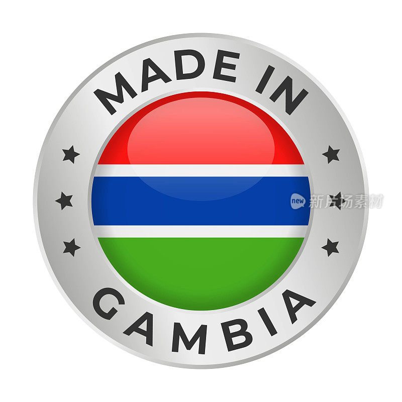 冈比亚制造-矢量图形。圆形银质标签徽章，印有冈比亚国旗和冈比亚制造文字。白底隔离