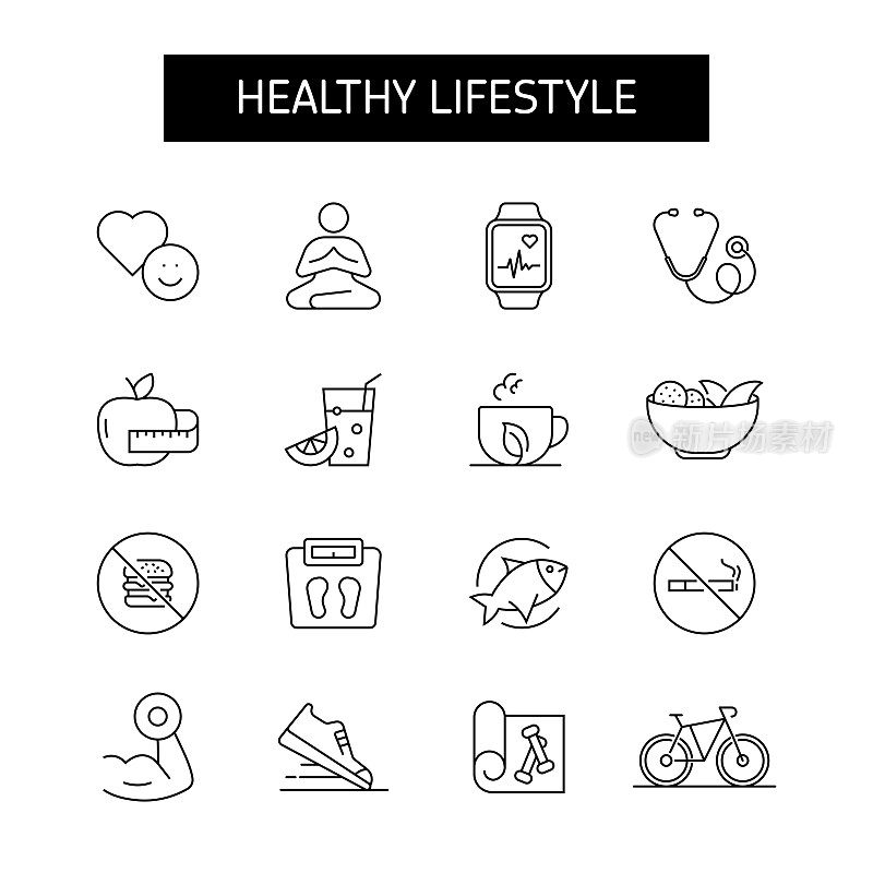 健康生活方式线图标集。健康，营养，运动，心理健康，节食。