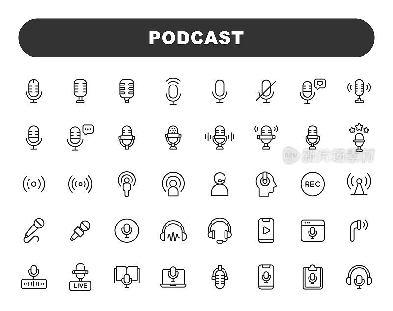 播客线路图标。可编辑的中风。包含音频,声音,音乐,语音,广播,麦克风,广播,现场,收听,唱歌,播放,卡拉ok等图标。