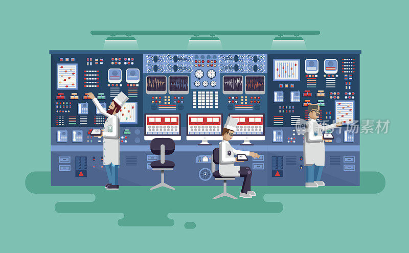 插画室内科学基地，核电站平面风格