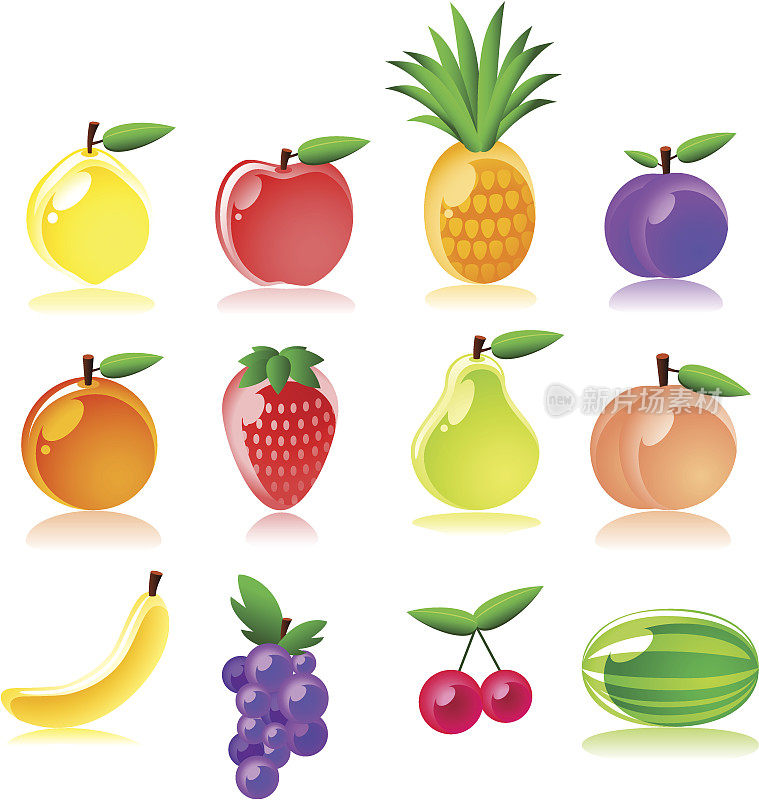 水果图标设置柠檬，苹果，菠萝，桃子，橙子，草莓，梨